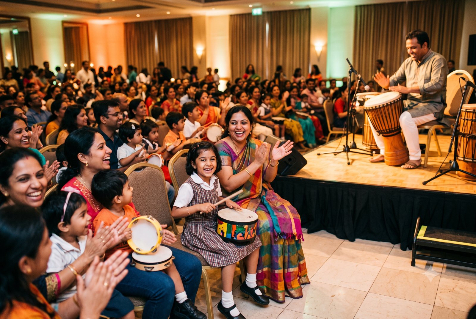 Parents and children keeping the beat with the drummer on stage